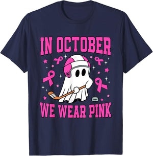 In October We Wear Pink Ghost Hockey Breast Cancer T-Shirt - T-Shirt | Navy