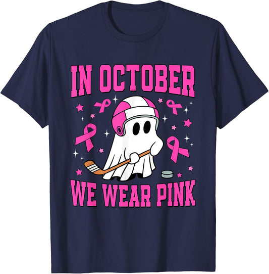 In October We Wear Pink Ghost Hockey Breast Cancer T-Shirt - T-Shirt | Navy