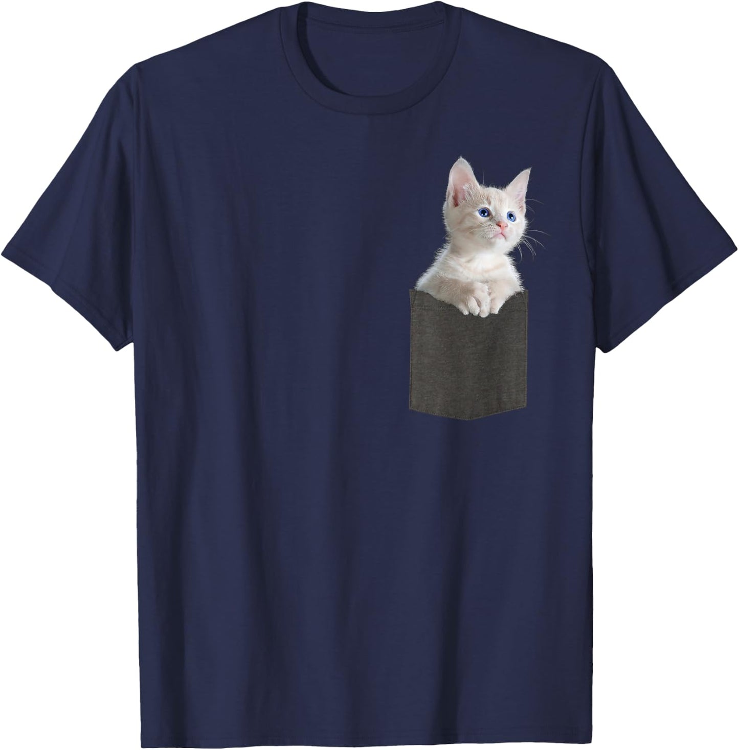 White Kitten Cat in Pocket with Blue Eyes Cute Cat T-Shirt - T-Shirt | Navy