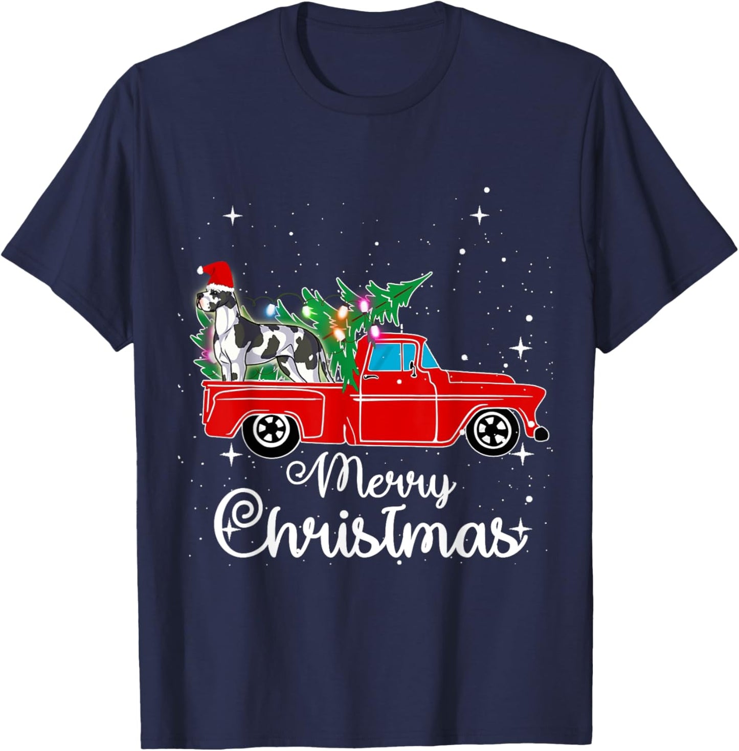 Great Dane Dog Red Truck Christmas Tree Lights Merry Xmas Women Kids T-Shirt - T-Shirt | Navy