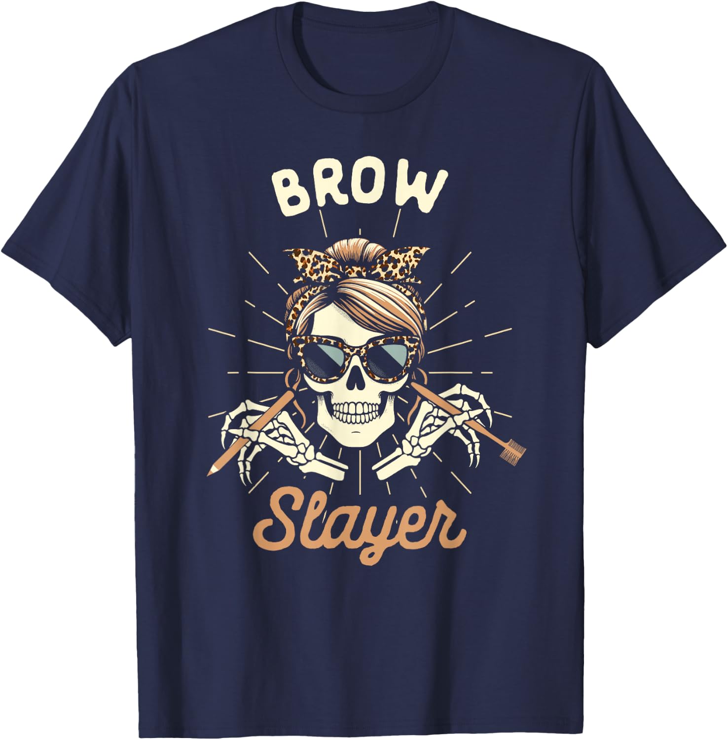 Brow Artist Esthetician Microblading Skeleton Brow Slayer T-Shirt - T-Shirt | Navy