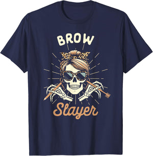 Brow Artist Esthetician Microblading Skeleton Brow Slayer T-Shirt - T-Shirt | Navy