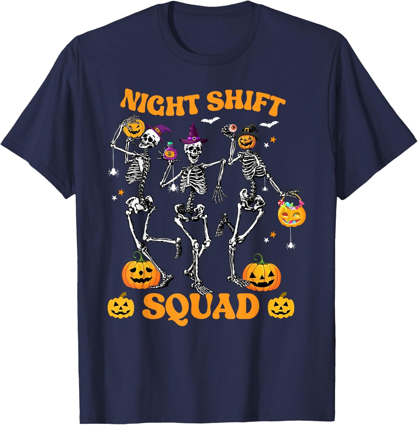 Dancing Skeleton Nurse Night Shift Squad Pumpkin Halloween T-Shirt - T-Shirt | Navy