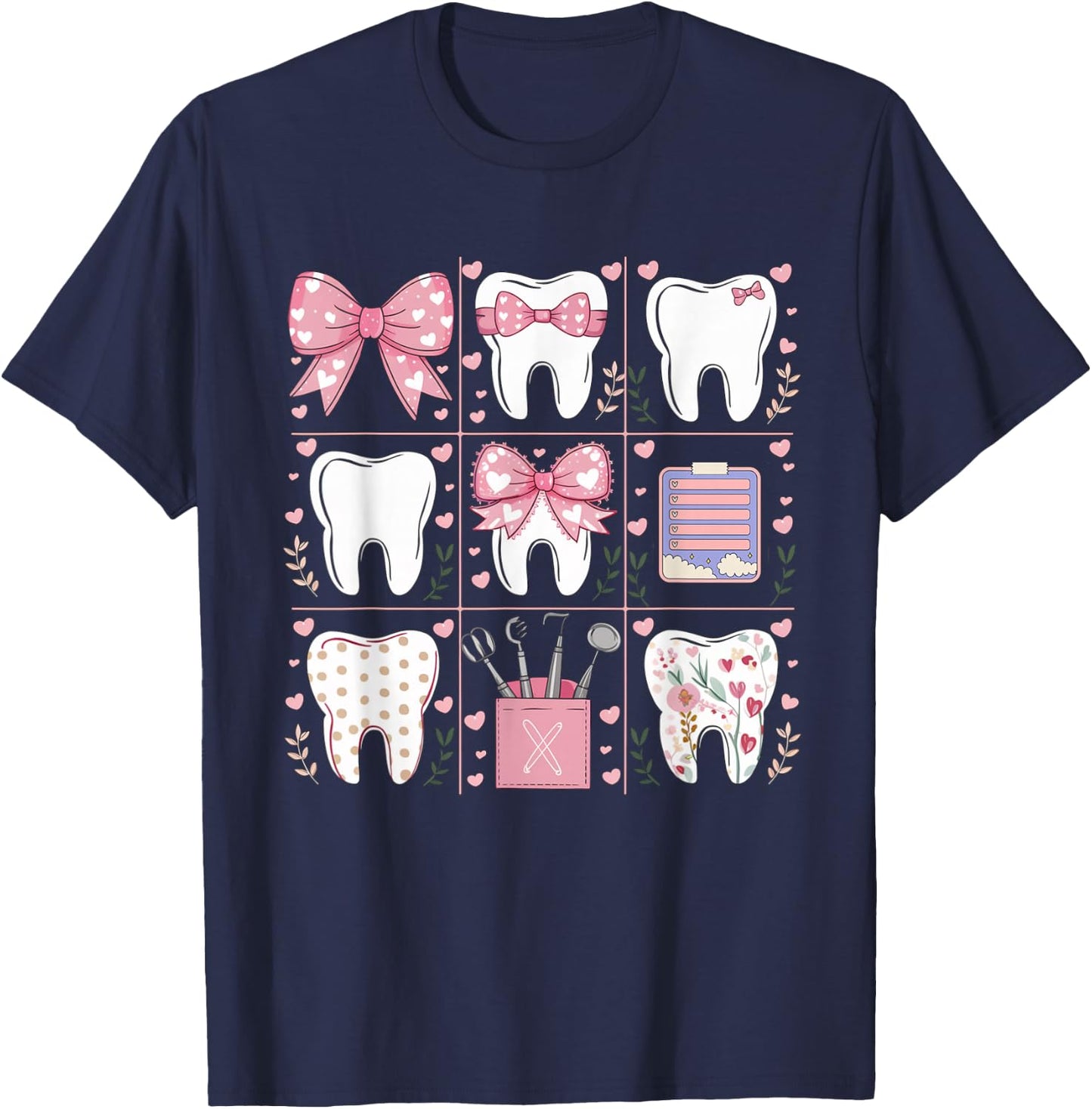 Pink Coquette Bow Cute Teeth Dentist Squad Dental Assistant T-Shirt - T-Shirt | Navy