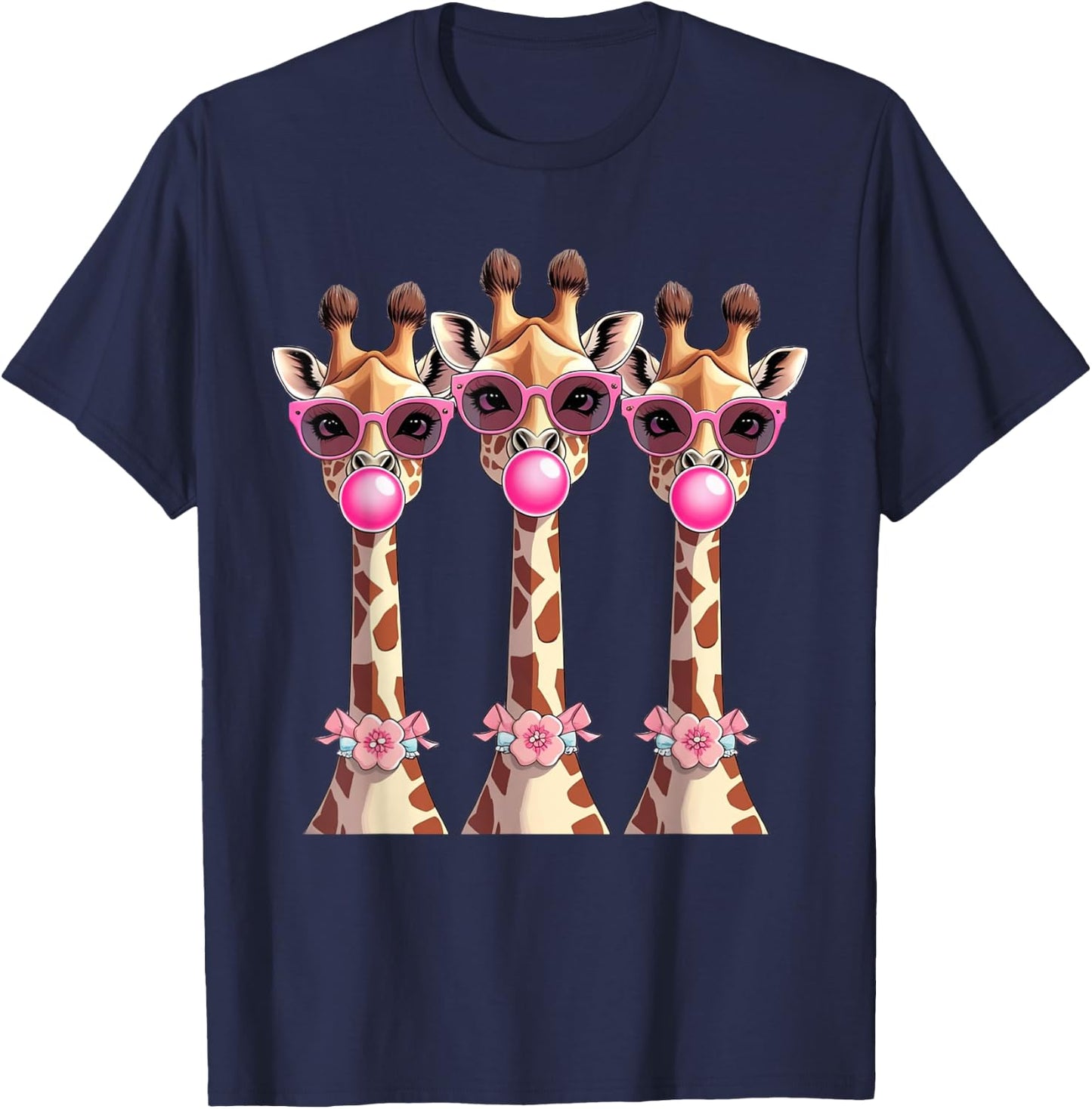 Funny Giraffe Squad Pink Bubble Gum Sunglasses Design T-Shirt - T-Shirt | Navy