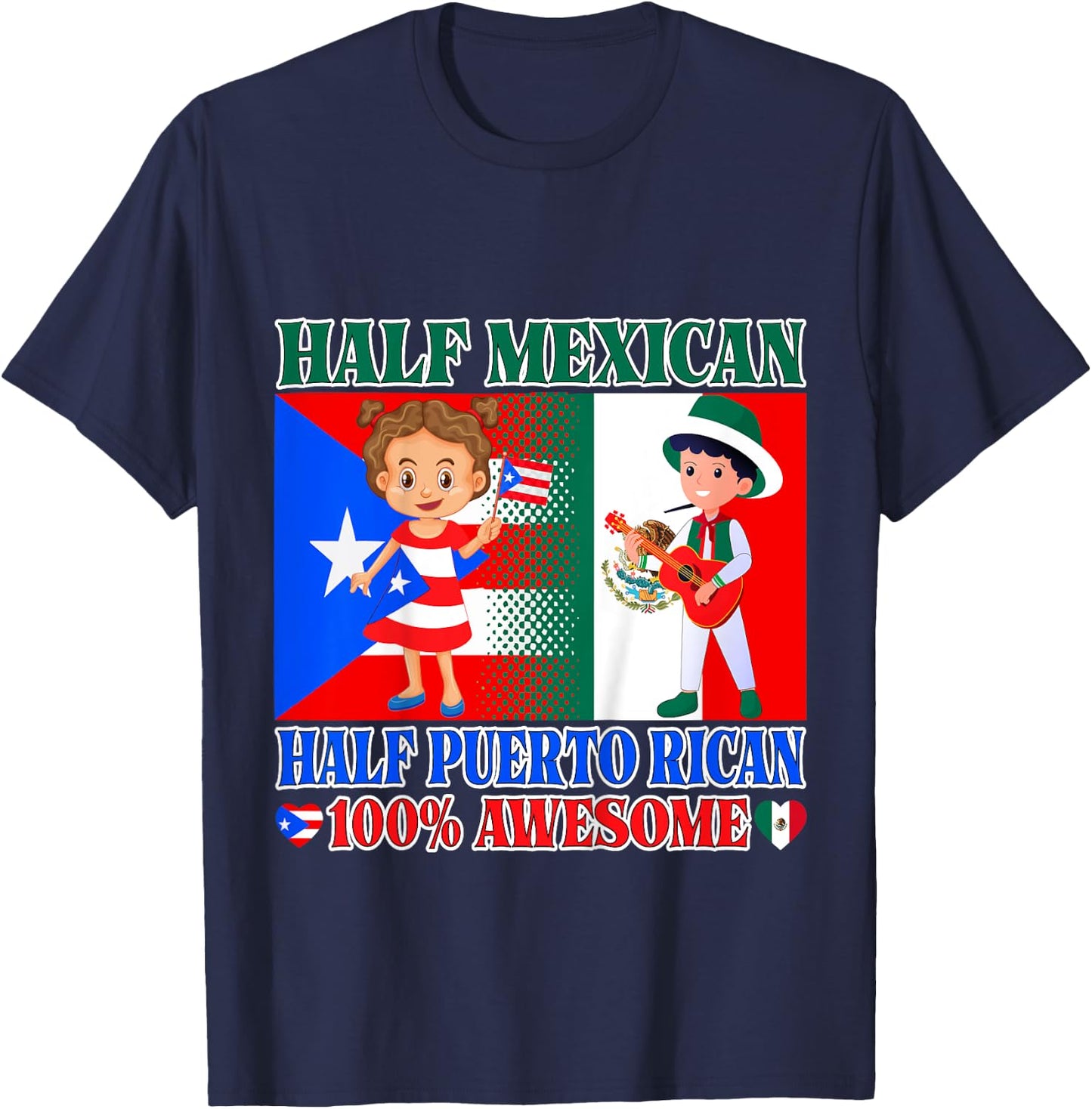 Kids Half Mexican Half Puerto Rican Mexico Flag Toddler Girl Boy T-Shirt - T-Shirt | Navy