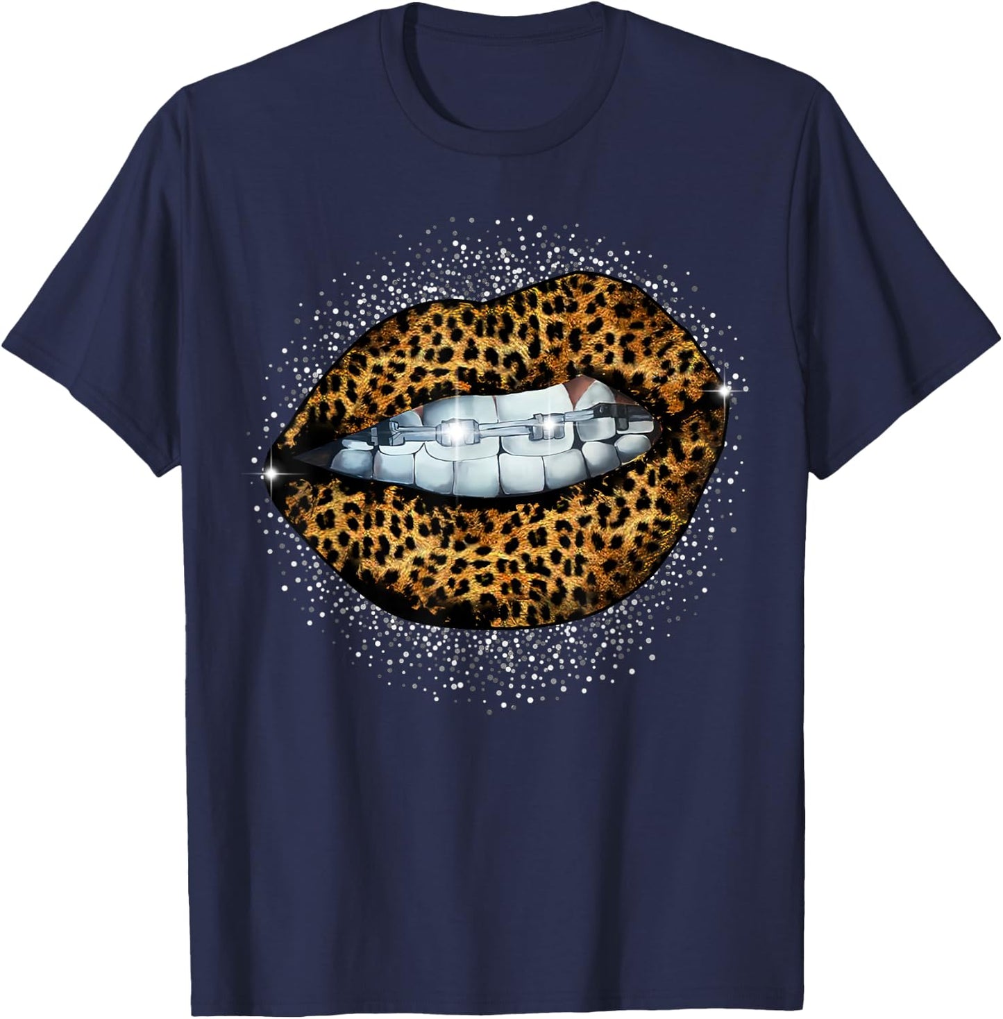 Cool Braces Dentist Leopard Cheetah Print Lip T-Shirt - T-Shirt | Navy