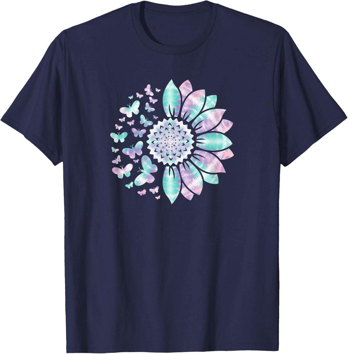 Sunflower Sun Flower Tie Dye Daisy Butterflies Women Girls T-Shirt - T-Shirt | Navy