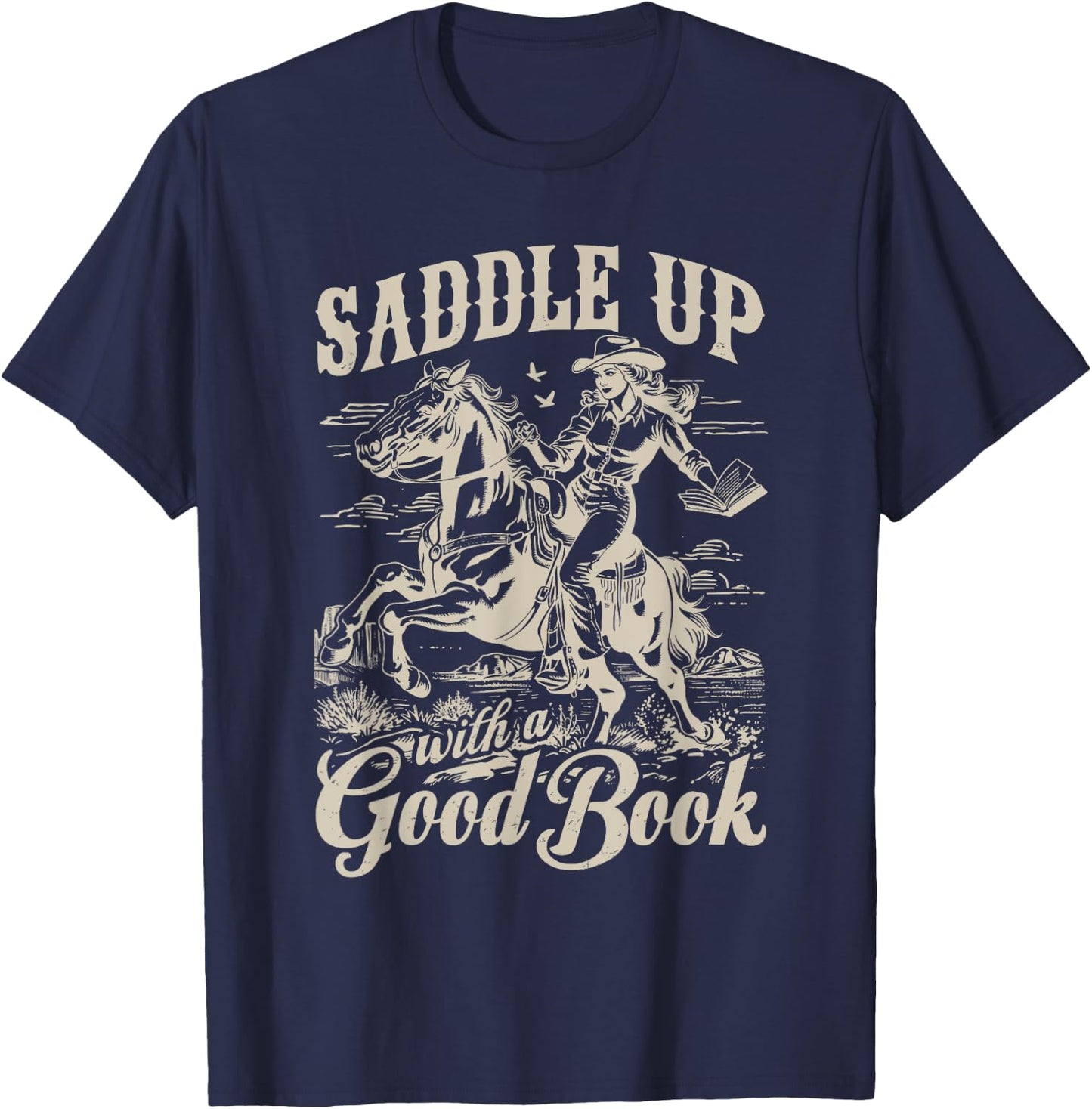Bookish Retro Western Cowgirl Texas Book Lover Novel Reader T-Shirt - T-Shirt | Navy