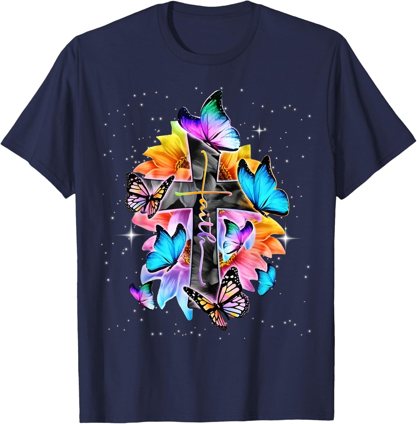 Faith - Cross Floral Butterflies Christ Flowers Religious T-Shirt - T-Shirt | Navy