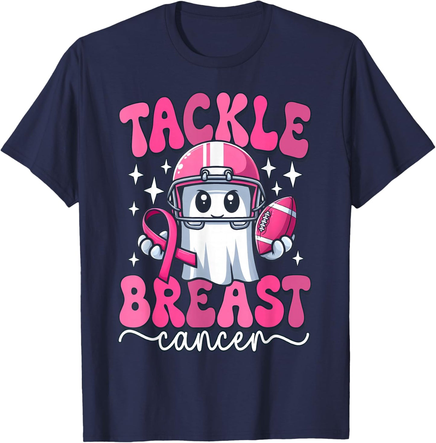 Cute Ghost Tackle Breast Cancer American Football Halloween T-Shirt - T-Shirt | Navy