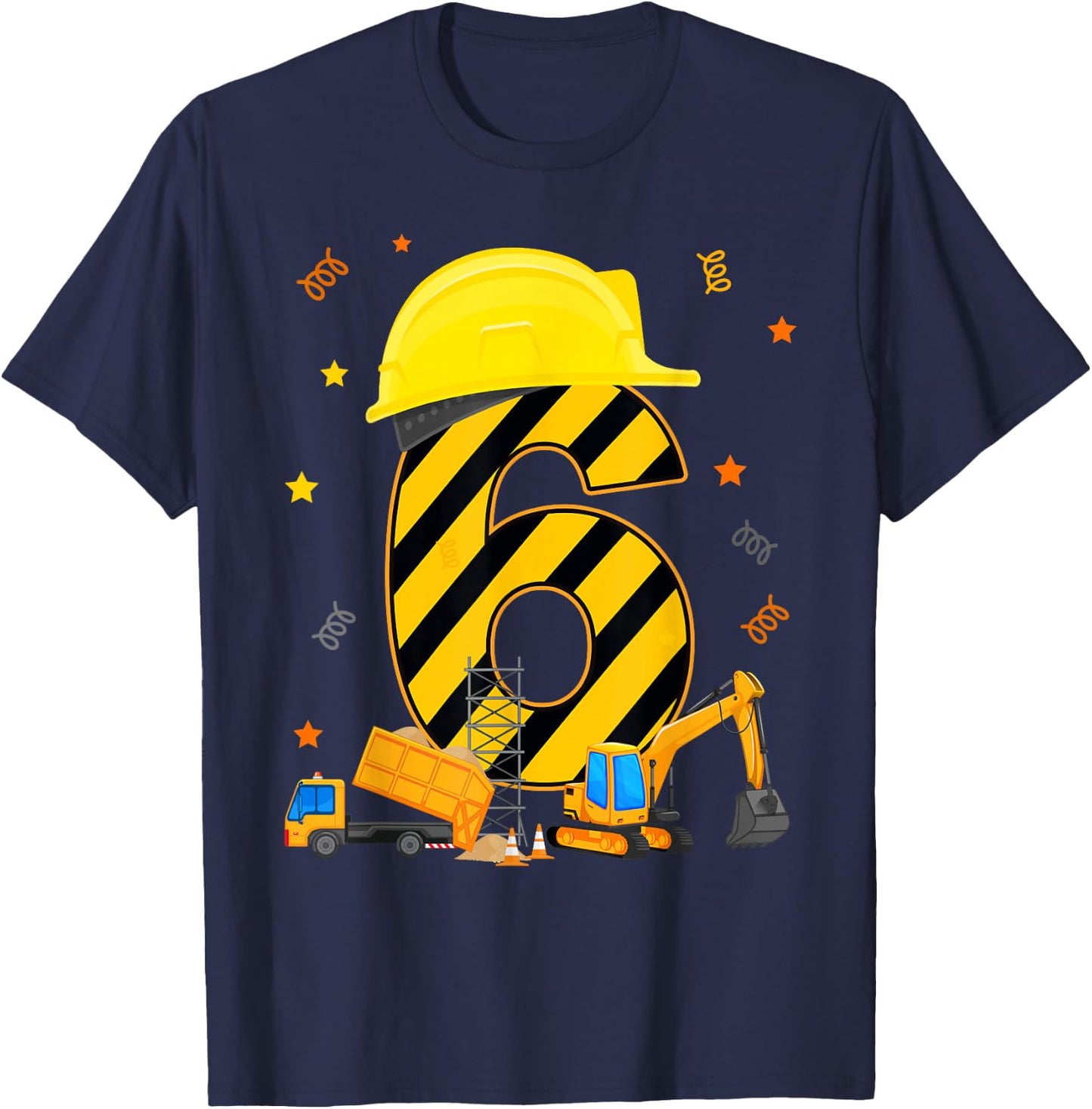 Six 6 Year Old 6th Birthday Construction Vehicles 6yr T-Shirt - T-Shirt | Navy