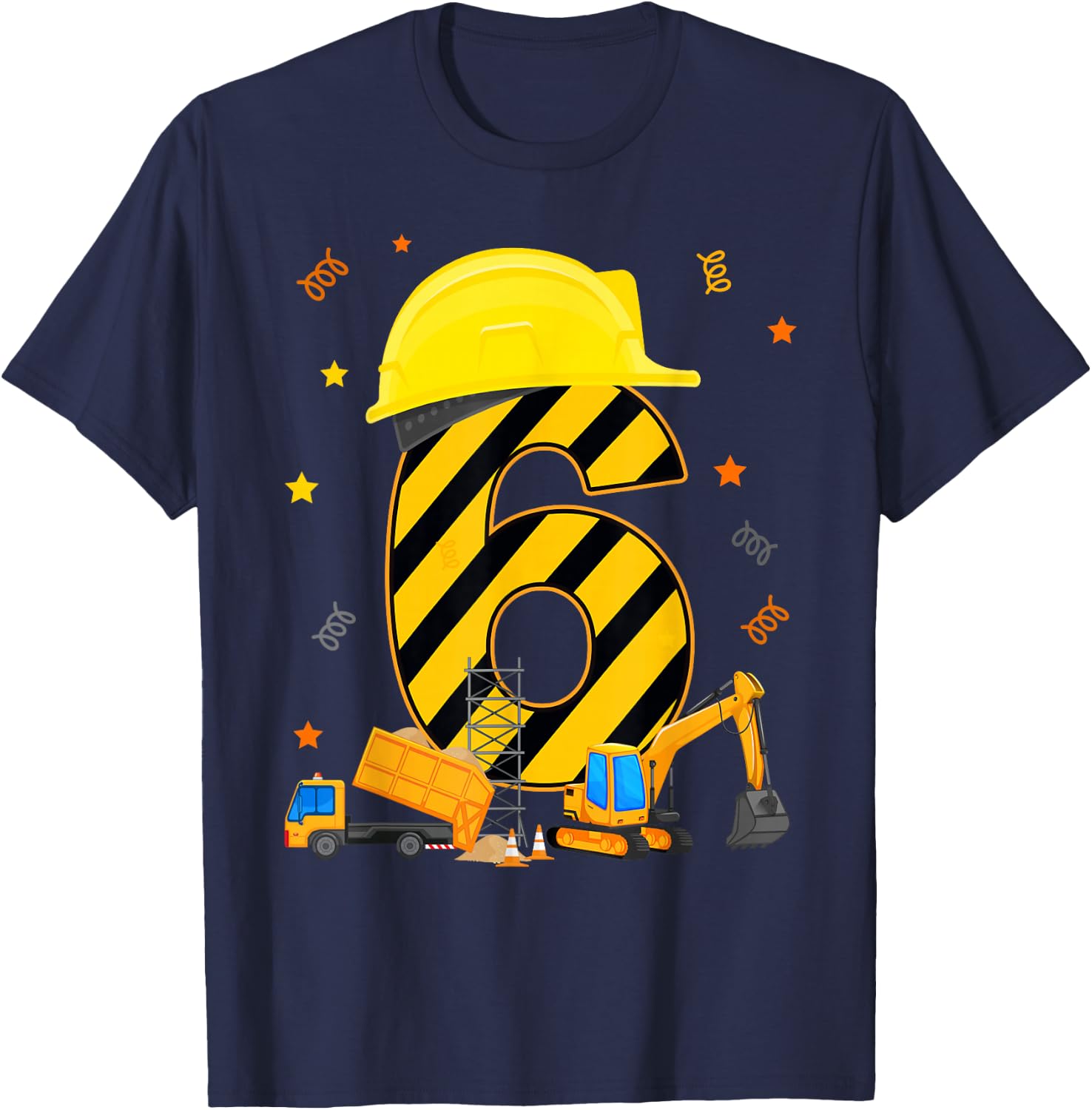 Six 6 Year Old 6th Birthday Construction Vehicles 6yr T-Shirt - T-Shirt | Navy