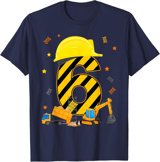 Six 6 Year Old 6th Birthday Construction Vehicles 6yr T-Shirt - T-Shirt | Navy
