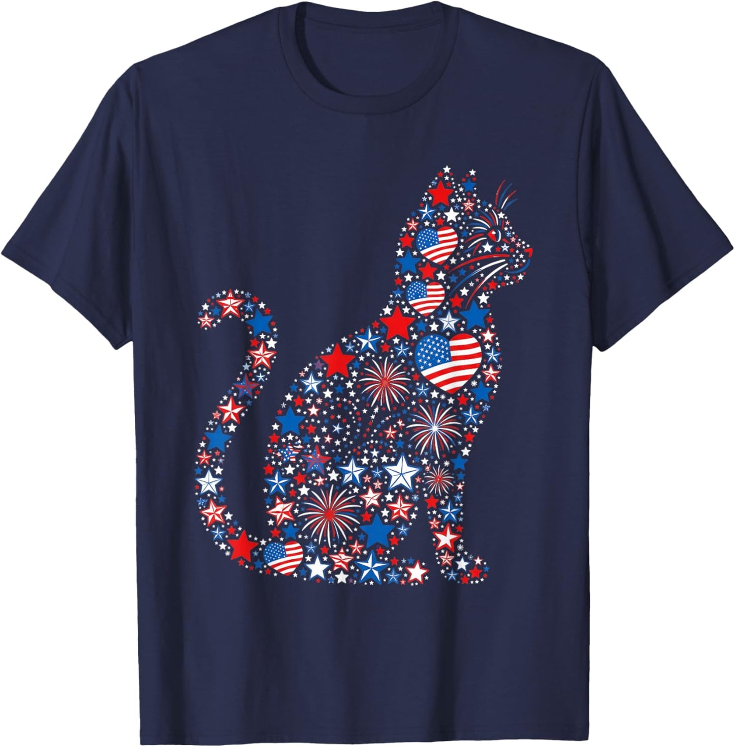 Cat American USA Flag Fireworks Patriotic Fourth of July T-Shirt - T-Shirt | Navy