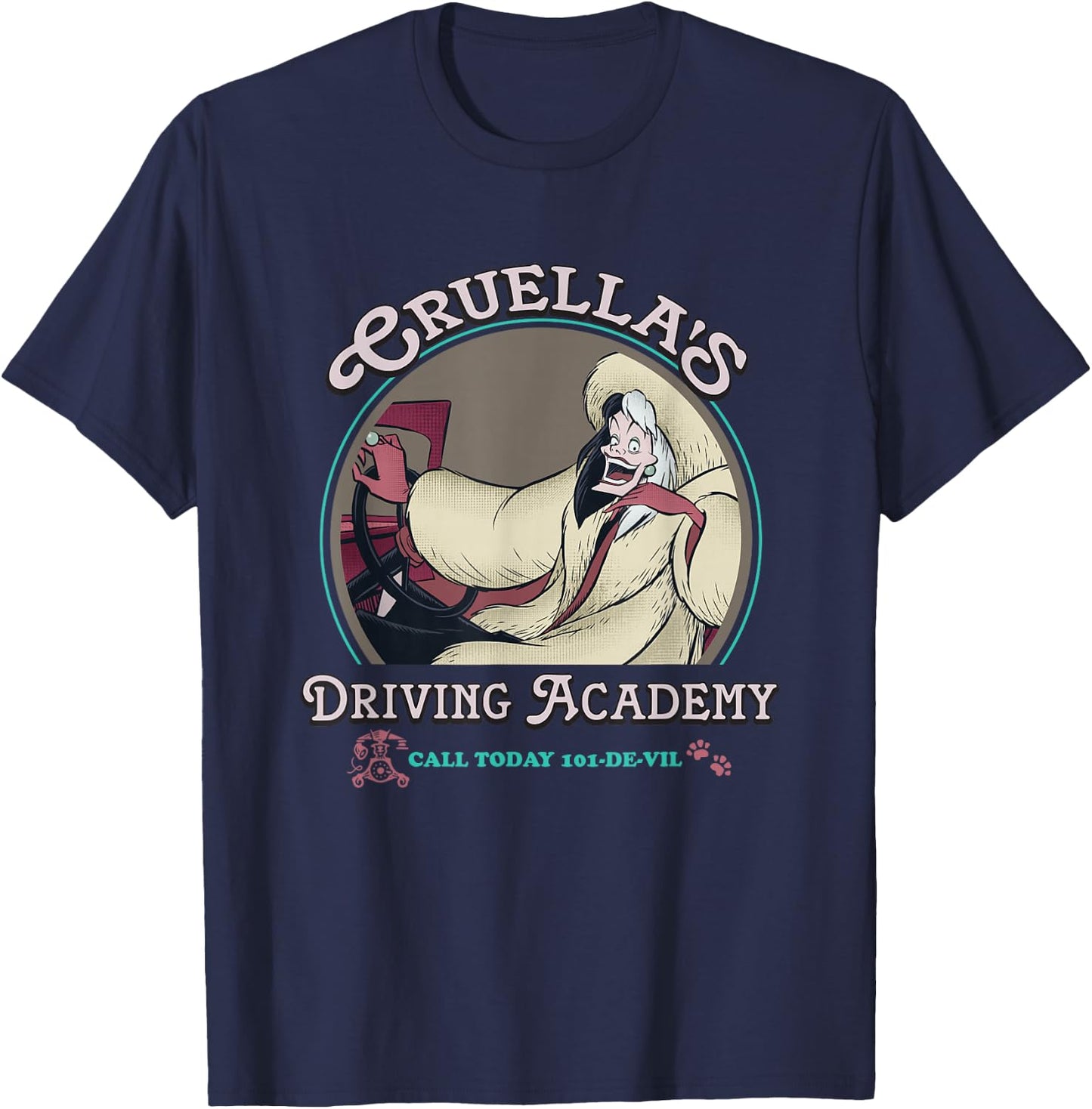 Disney Villains Cruella's Driving Academy Retro Chest Poster T-Shirt - T-Shirt | Navy
