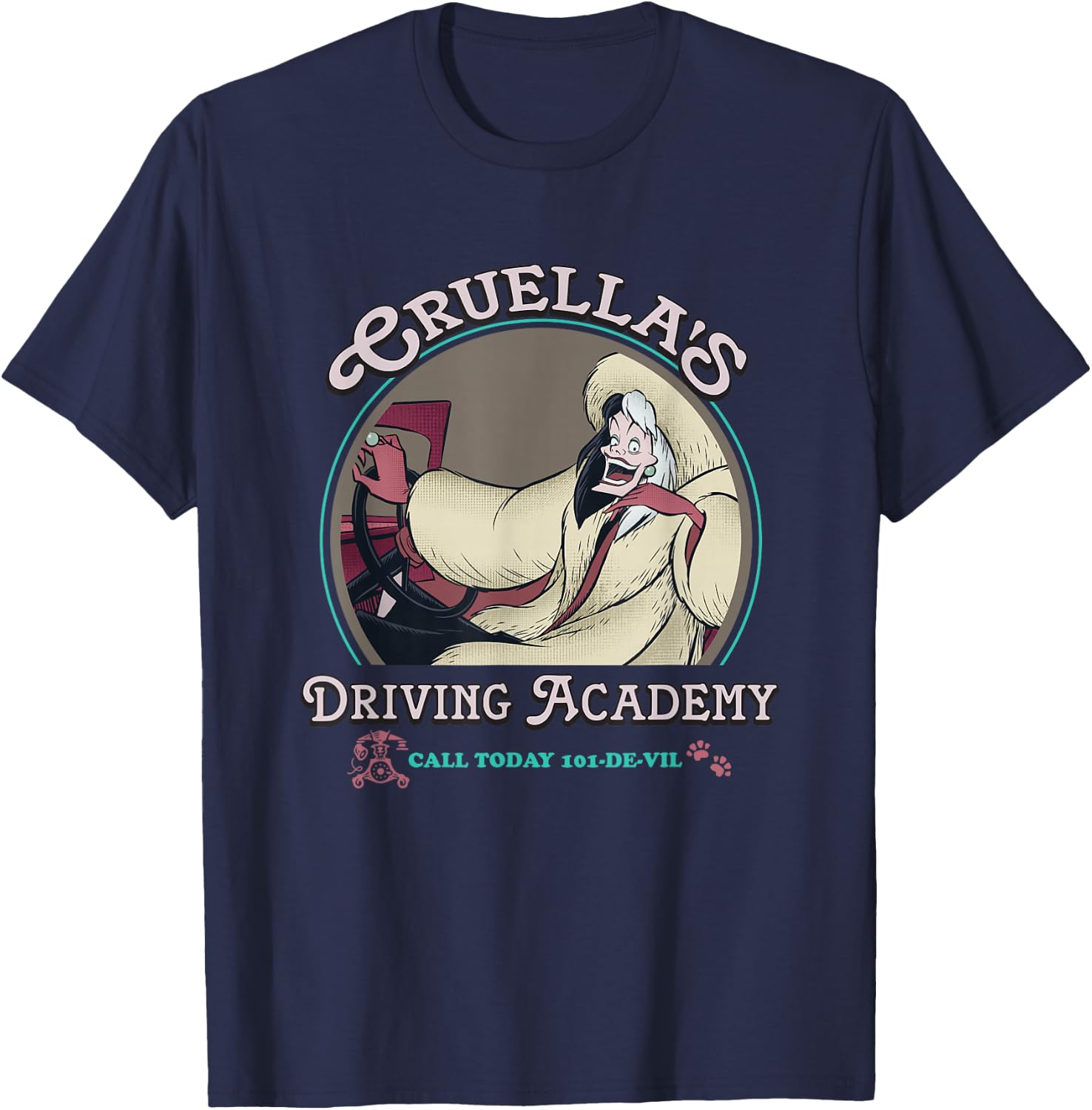 Disney Villains Cruella's Driving Academy Retro Chest Poster T-Shirt - T-Shirt | Navy
