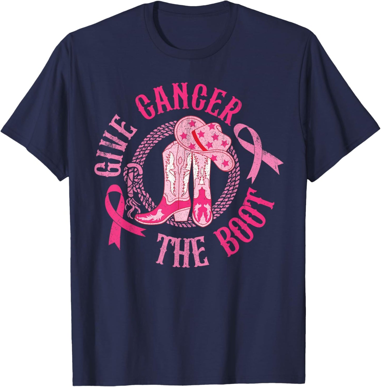 Give Cancer Boot Cowgirl Western Breast Cancer Pink Ribbon T-Shirt - T-Shirt | Navy