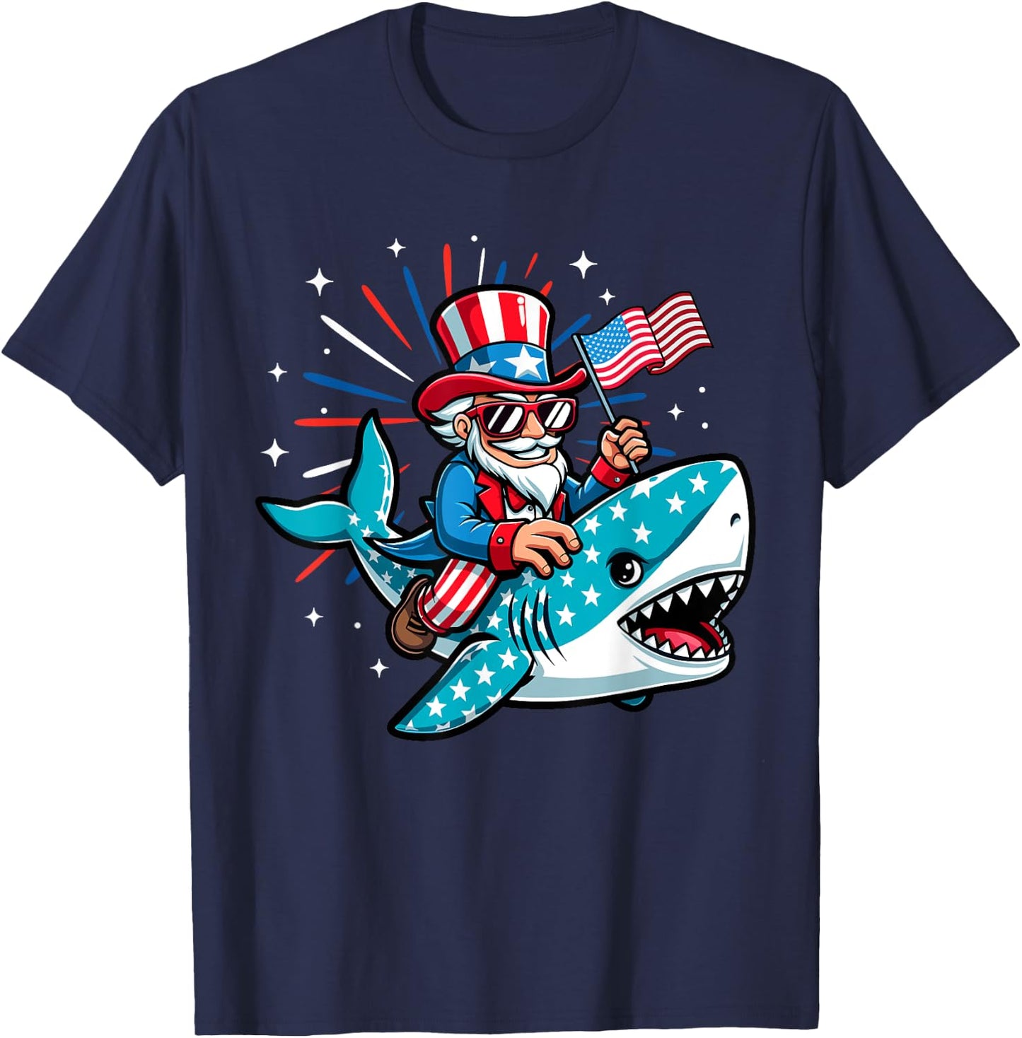 Funny Uncle Sam Riding Shark 4th of July Boys American Flag T-Shirt - T-Shirt | Navy