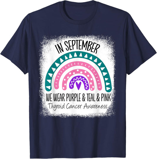 Rainbow September Green Thyroid Cancer Awareness Ribbon T-Shirt - T-Shirt | Navy
