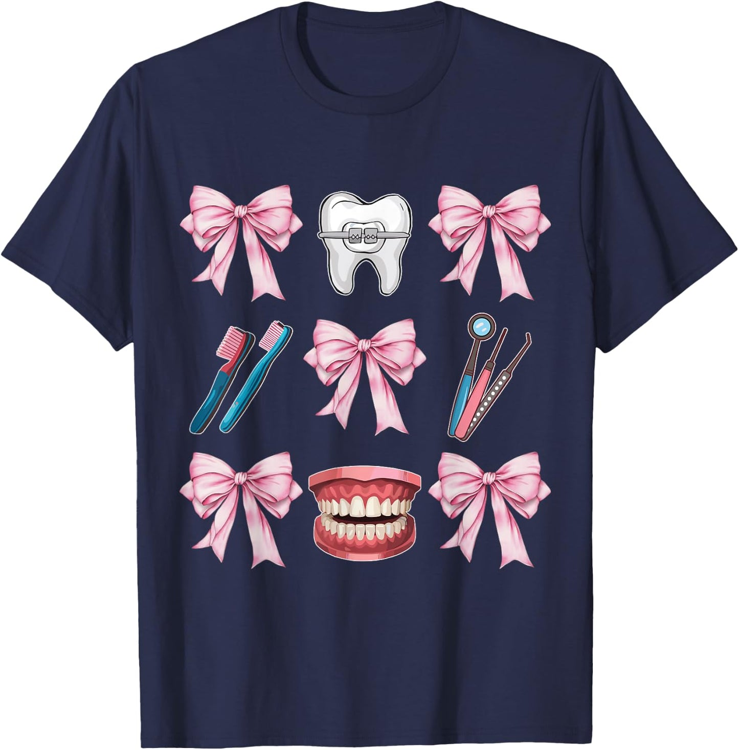 Cute Pink Coquette Bow Dentist Squad Teeth Dental Assistant T-Shirt - T-Shirt | Navy