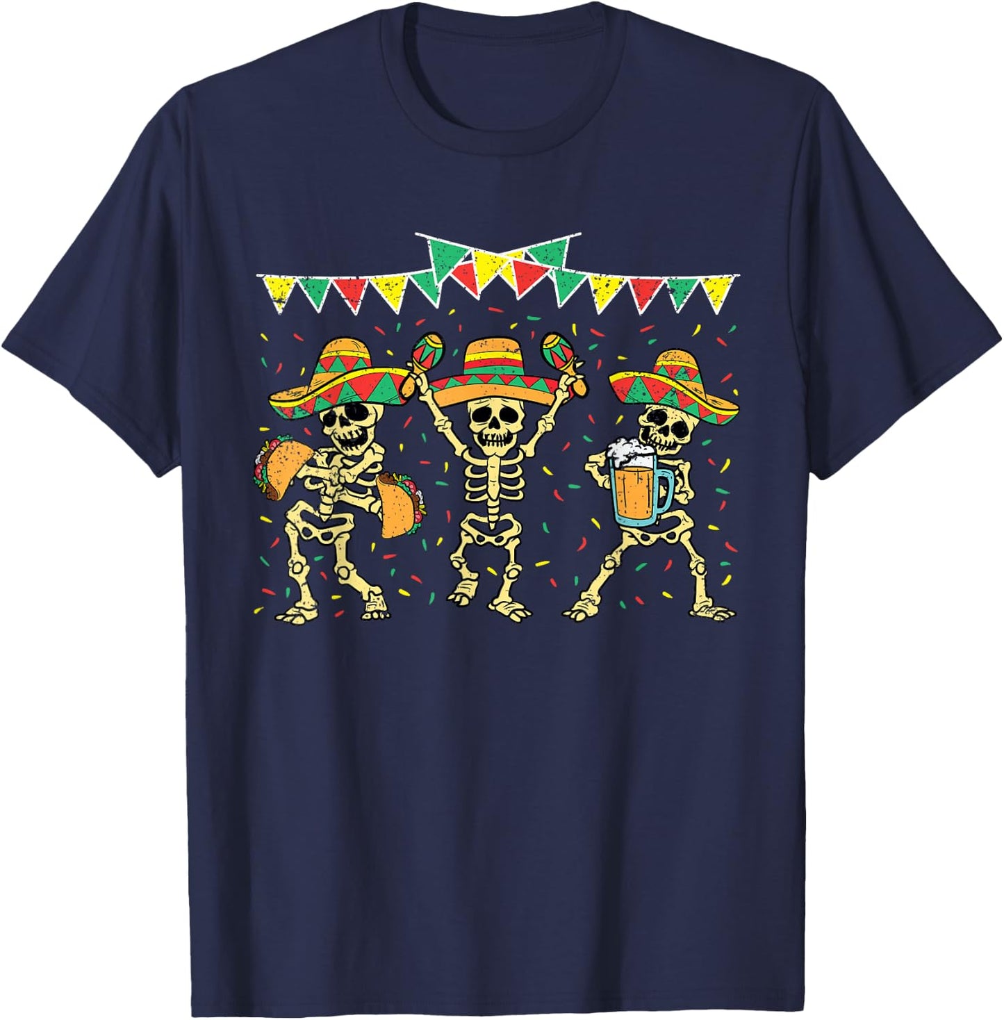 Mexican Skeleton Cinco De Mayo Funny Sombrero Baracas Fiesta T-Shirt - T-Shirt | Navy