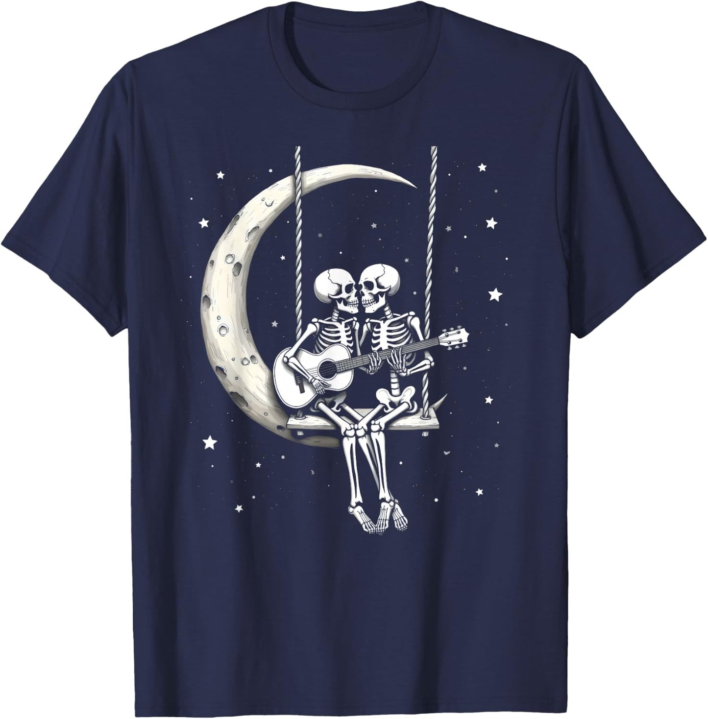 Skeleton Couple Playing Guitar on Moon Swing Halloween Band T-Shirt - T-Shirt | Navy