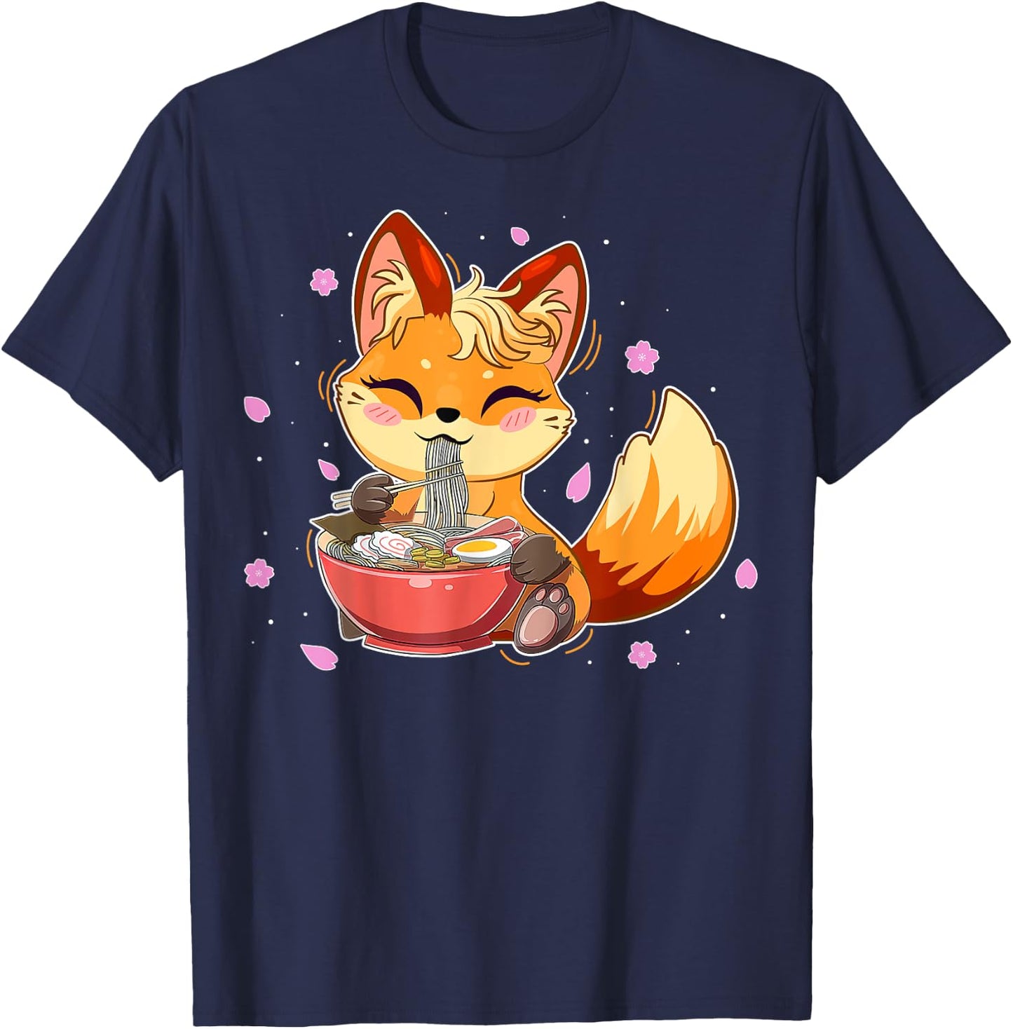 Cute Fox Japanese Anime Eating Ramen Girl Teen Kid Kawaii T-Shirt - T-Shirt | Navy