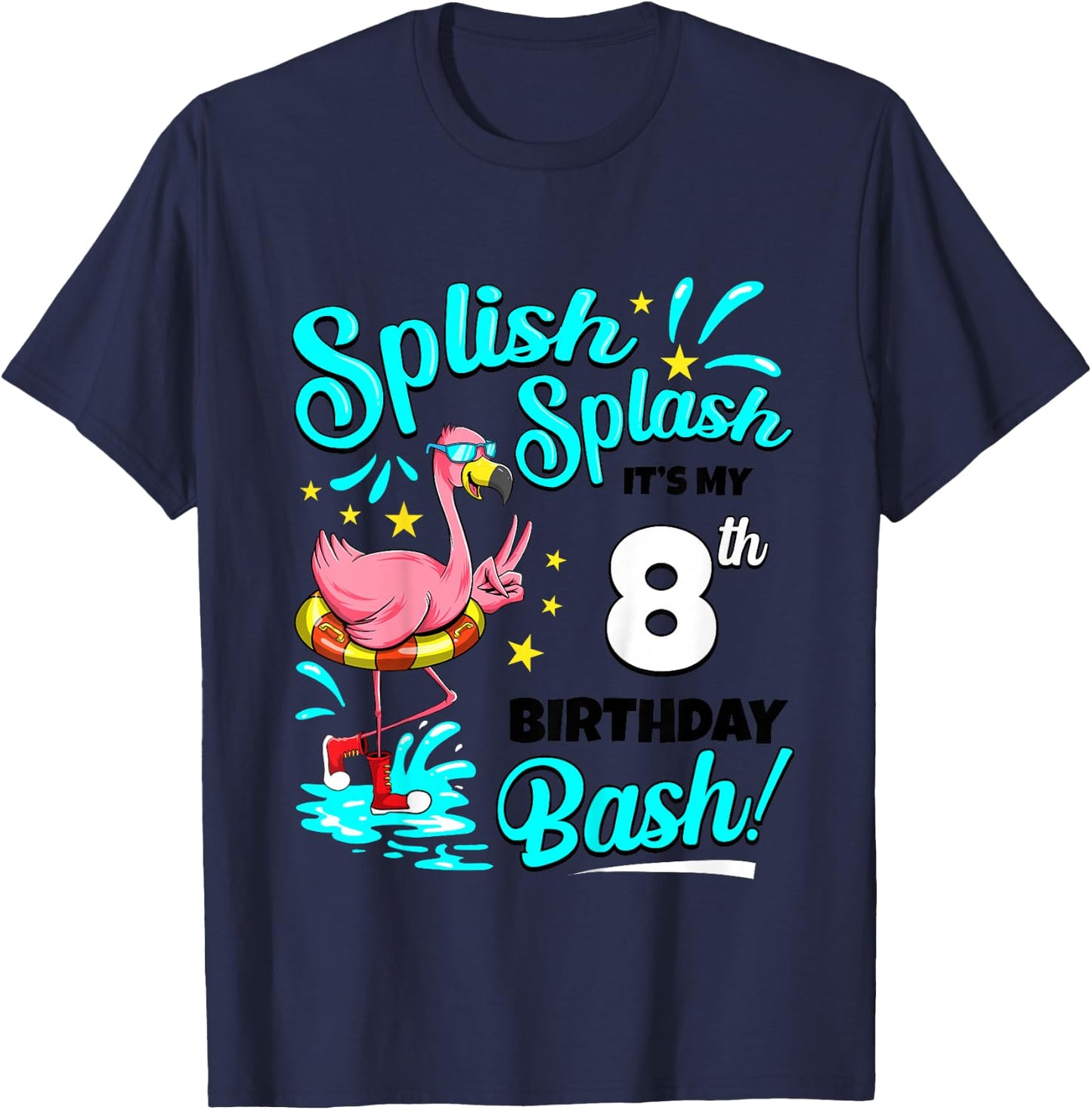 8th Birthday Flamingo 8 Years Old Pool Party Summer T-Shirt - T-Shirt | Navy