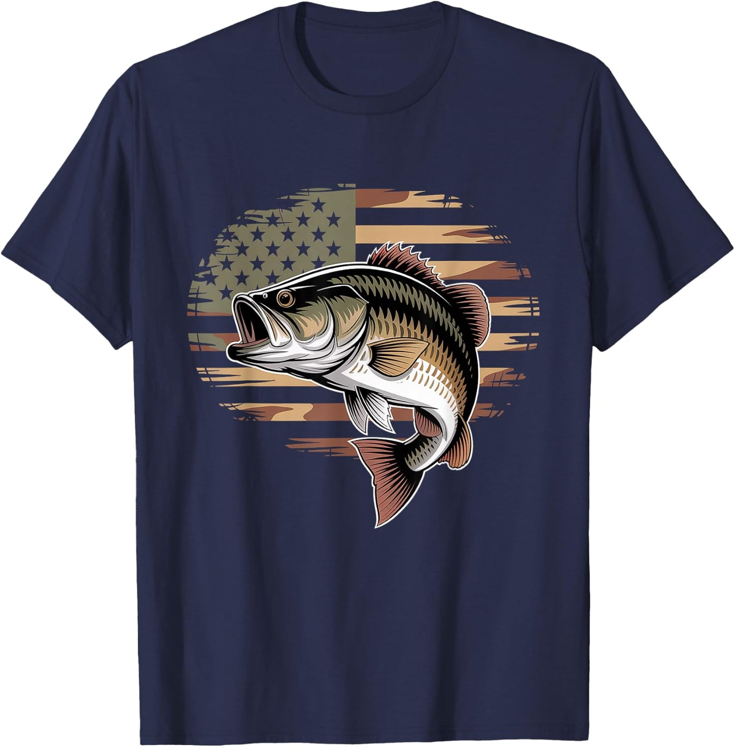 Bass Fish Fishing Camo USA American Flag Largemouth T-Shirt - T-Shirt | Navy