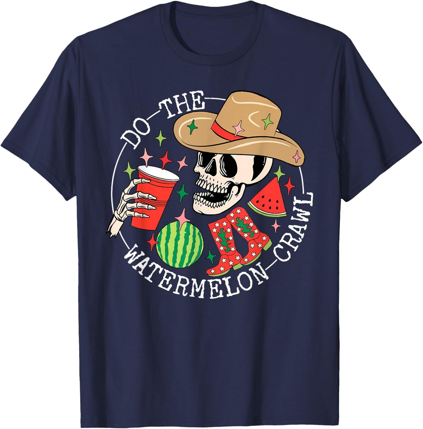 Do The Watermelon Crawl Skeleton Cowboy Summer Hawaii Beach T-Shirt - T-Shirt | Navy