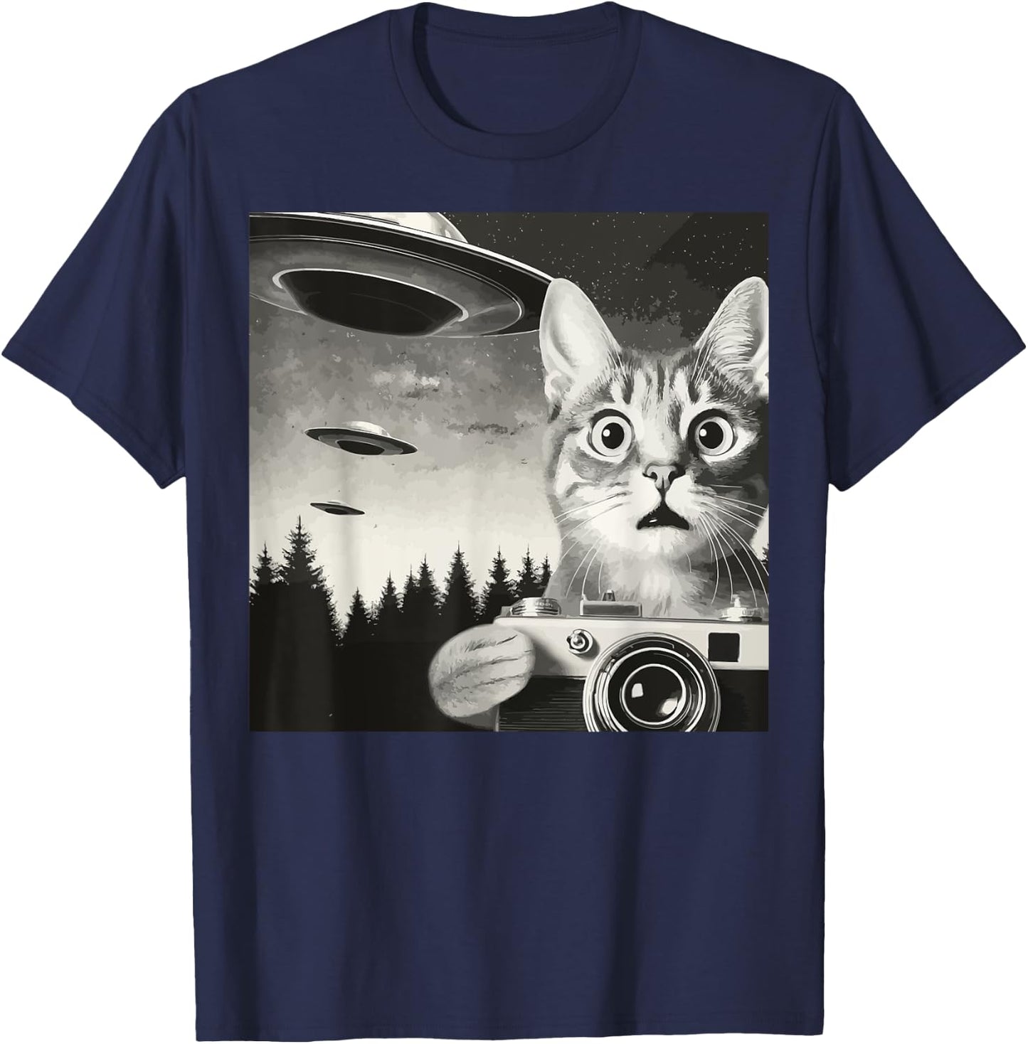 Alien Cat UFO Camera Graphic Alien Feline Photography Men Women T-Shirt - T-Shirt | Navy