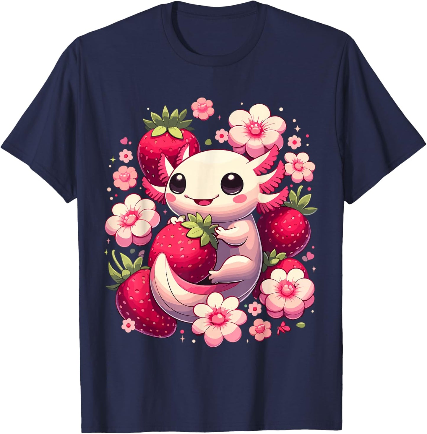 Cute Axolotl Kawaii Anime Axolotl Strawberry T-Shirt - T-Shirt | Navy