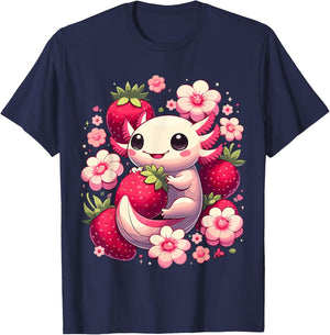 Cute Axolotl Kawaii Anime Axolotl Strawberry T-Shirt - T-Shirt | Navy