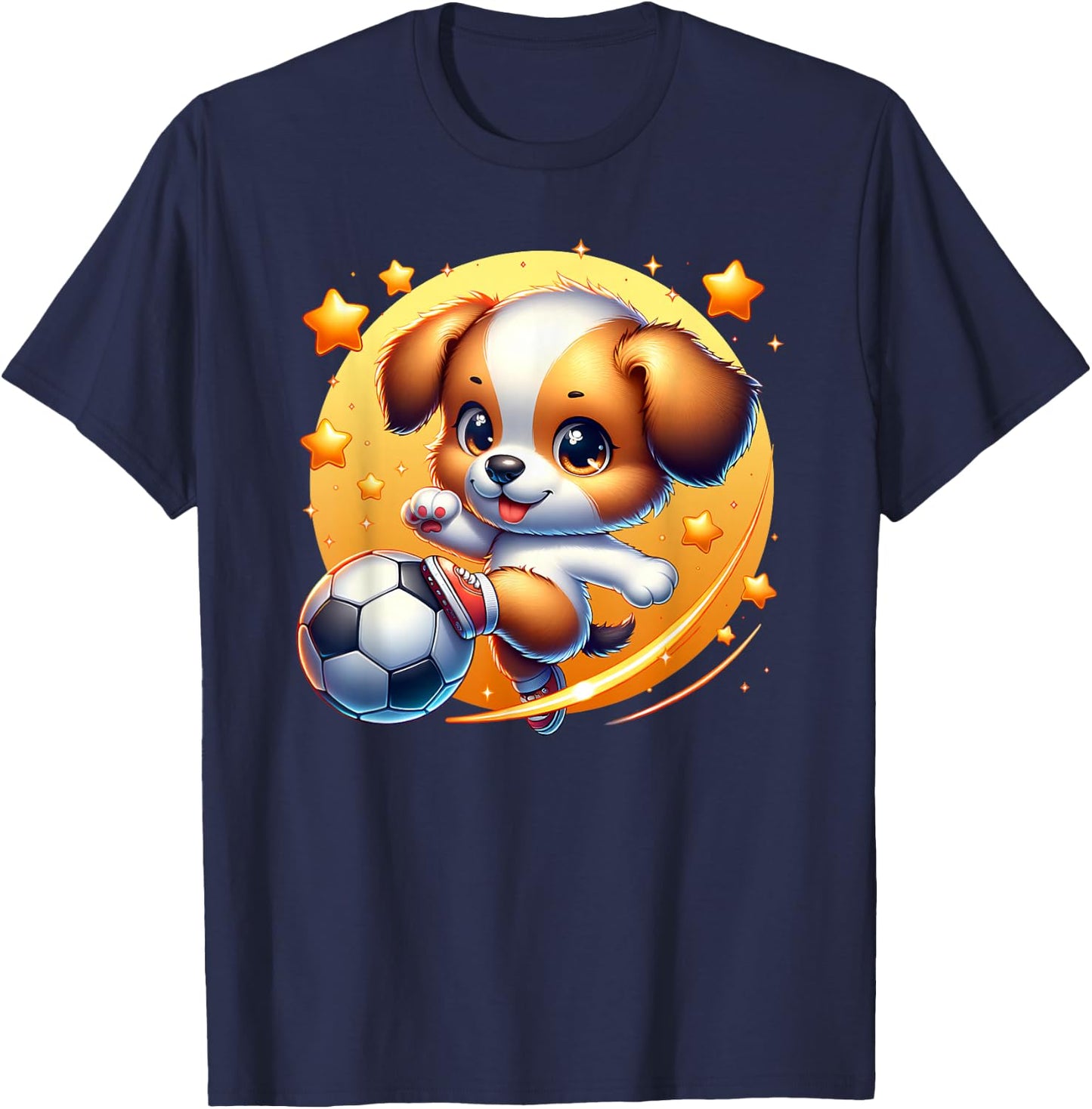 Puppy Dog Playing Soccer Kicking Ball Boy Girl Cute Graphic T-Shirt - T-Shirt | Navy