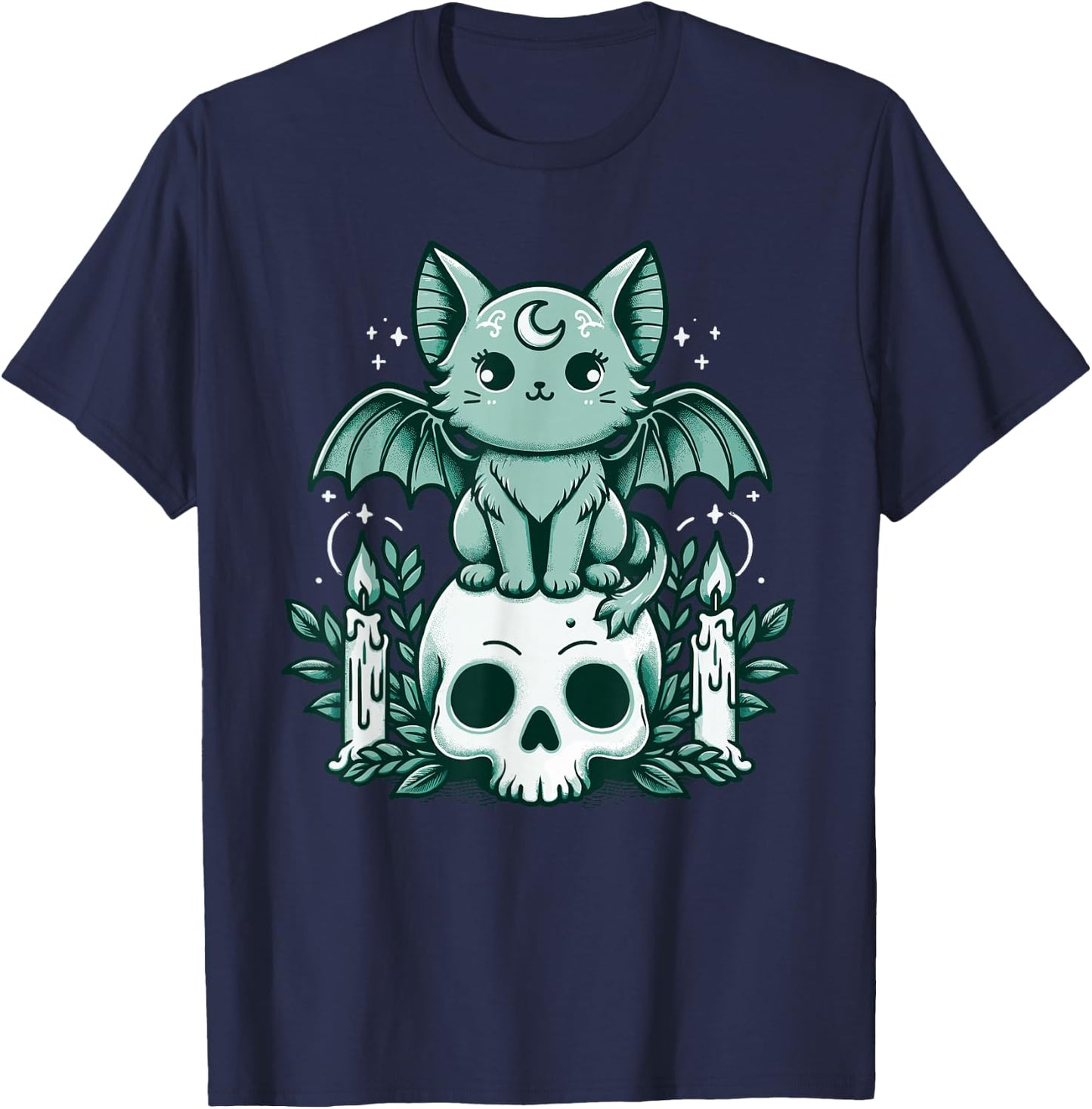 Kawaii Pastel Goth Cute Creepy Cat Bat Skeleton T-Shirt - T-Shirt | Navy