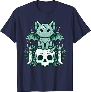 Kawaii Pastel Goth Cute Creepy Cat Bat Skeleton T-Shirt - T-Shirt | Navy
