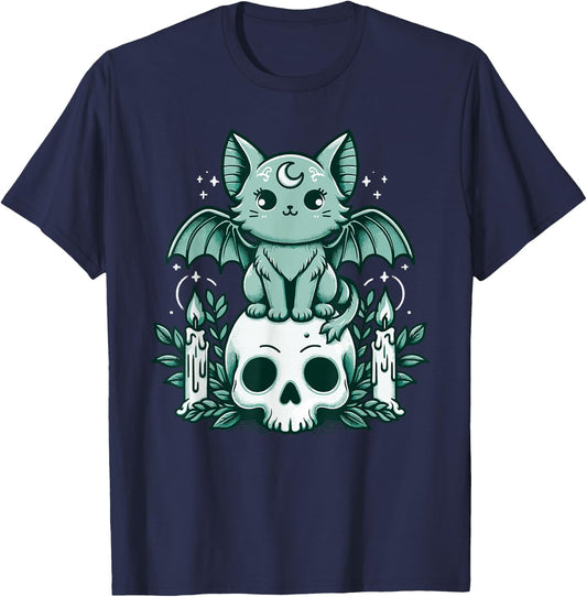 Kawaii Pastel Goth Cute Creepy Cat Bat Skeleton T-Shirt - T-Shirt | Navy