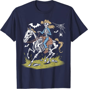 Funny Cowgirl Skeleton Riding Horse Spooky Halloween Western T-Shirt - T-Shirt | Navy