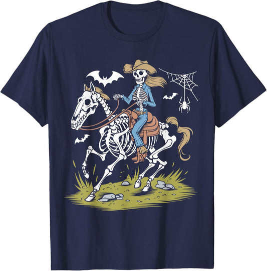 Funny Cowgirl Skeleton Riding Horse Spooky Halloween Western T-Shirt - T-Shirt | Navy