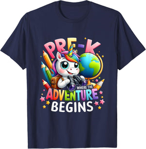 Cute Unicorn School Teacher Pre-K Where The Adventure Begins Women Kids T-Shirt - T-Shirt | Navy