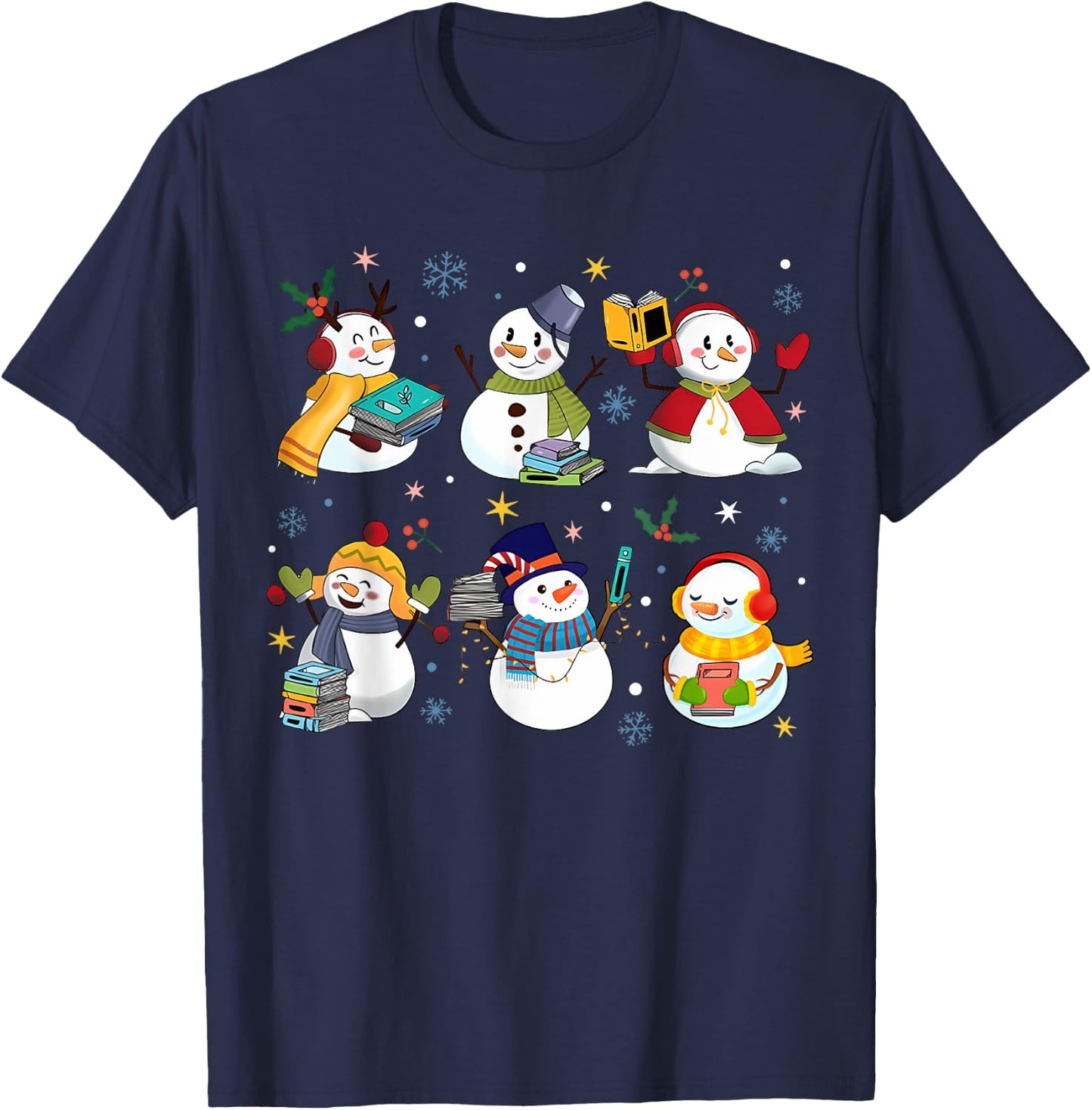 Snowman Reading Books Teacher Christmas Librarian Bookworm T-Shirt - T-Shirt | Navy