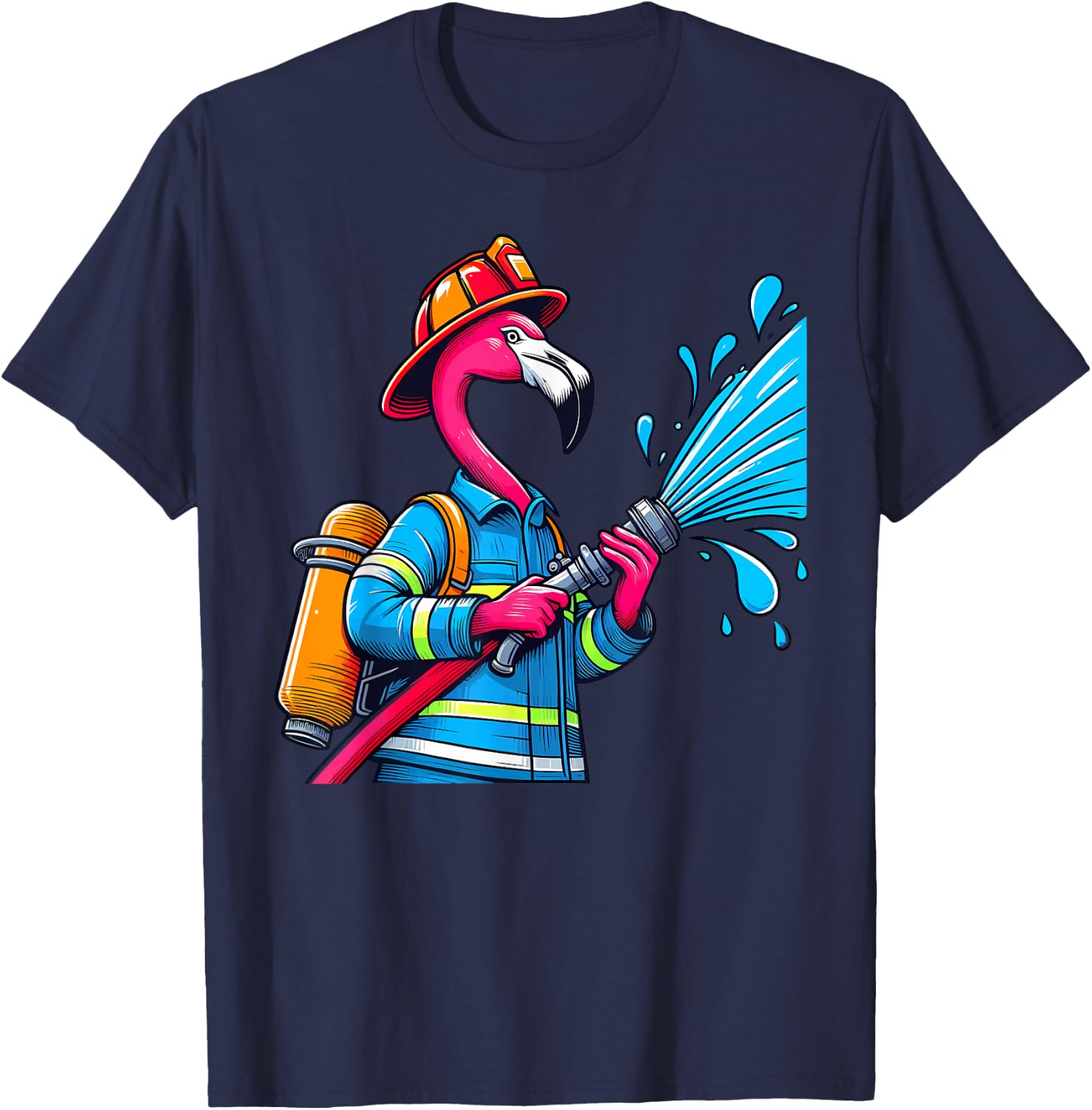 Flamingo Firefighter Fireman Birthday Party Flamingo Lovers T-Shirt - T-Shirt | Navy