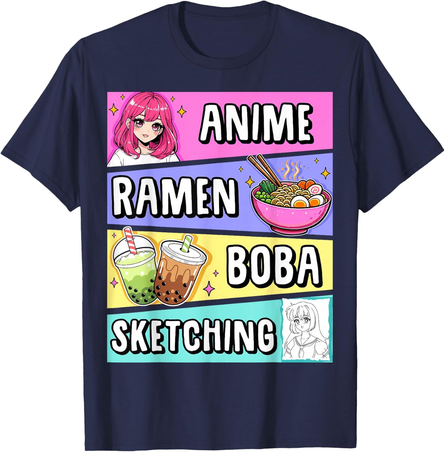 Kawaii Anime Ramen Noodles Sketching Boba Tea Japanese T-Shirt - T-Shirt | Navy