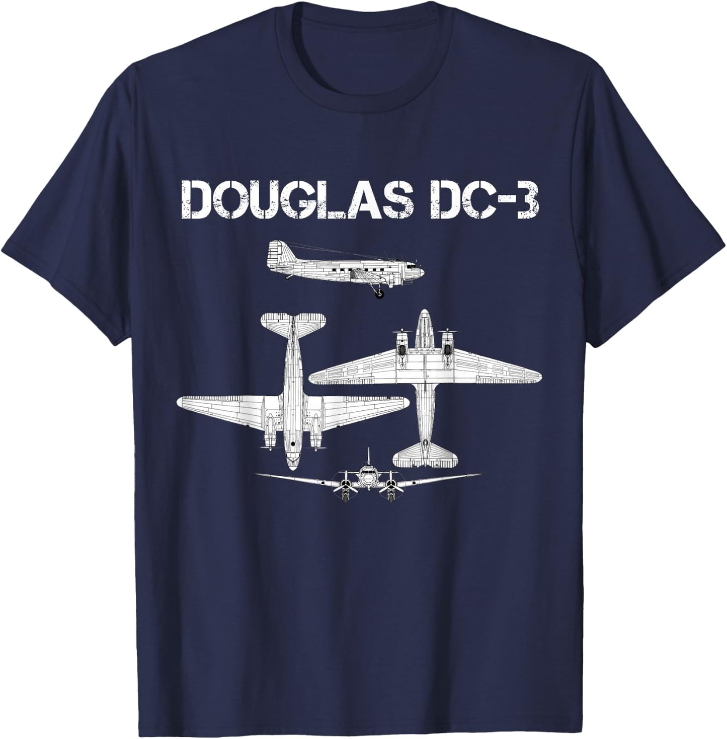Douglas DC 3 WW2 Fighter Airplane Blueprint T-Shirt - T-Shirt | Navy