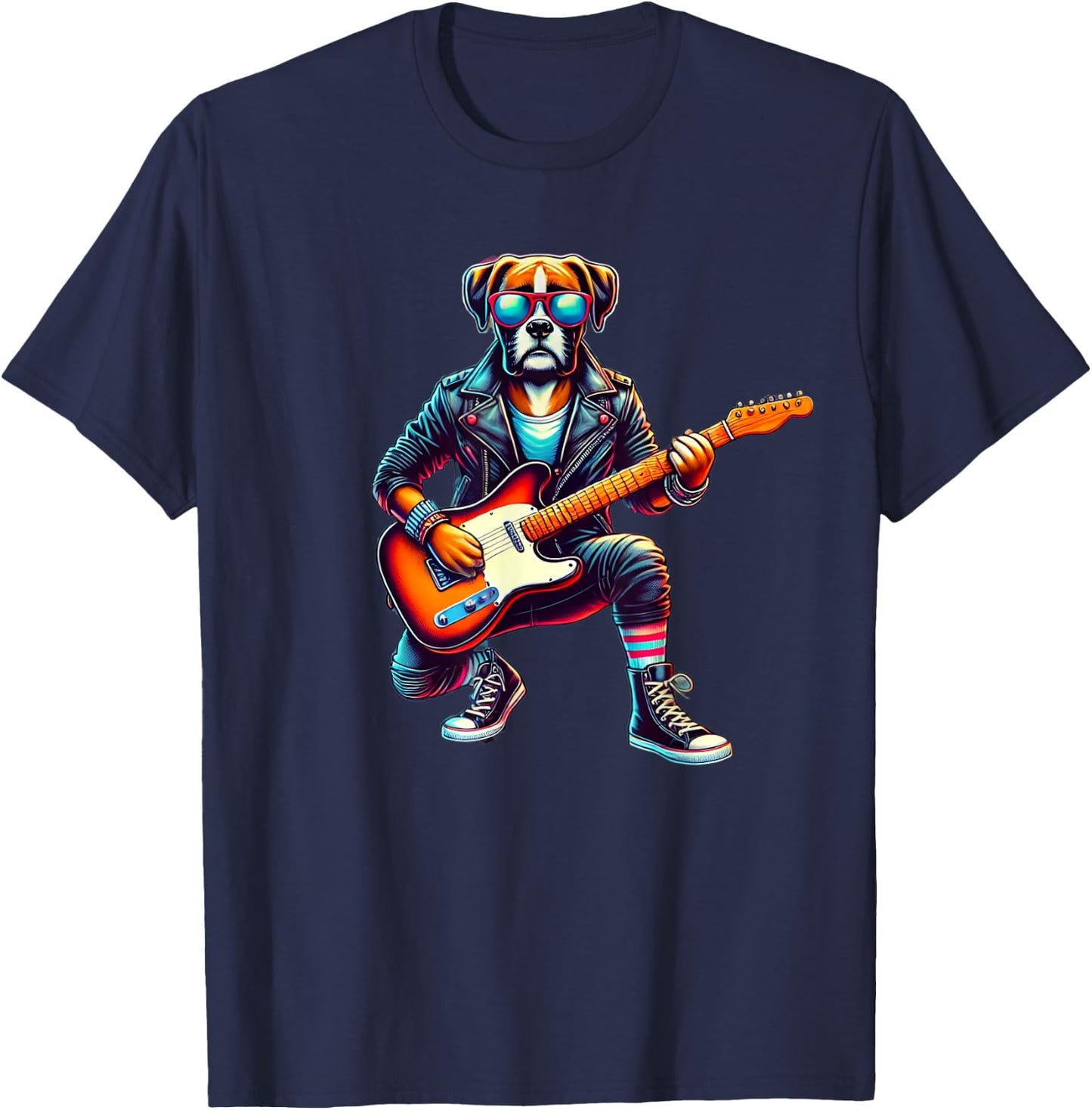 Boxer Electric Guitar Funny Dog Rock Band Musician Music Pet Women Kids T-Shirt - T-Shirt | Navy