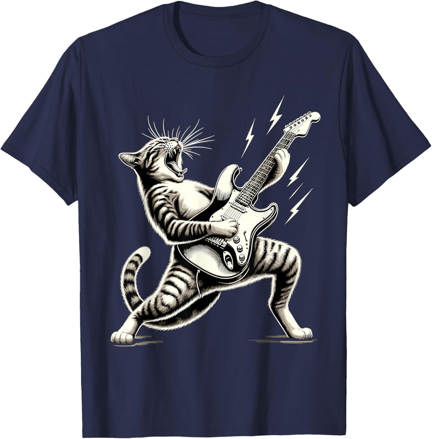 Rock and Roll Funny Cat playing Guitar T-Shirt - T-Shirt | Navy