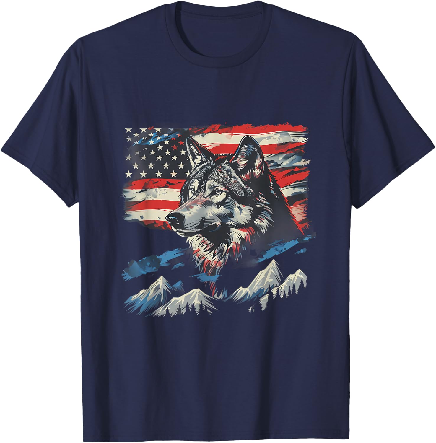 Fourth Of July Wolf American Flag Patriotic 4th Of July T-Shirt - T-Shirt | Navy