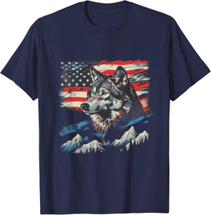 Fourth Of July Wolf American Flag Patriotic 4th Of July T-Shirt - T-Shirt | Navy