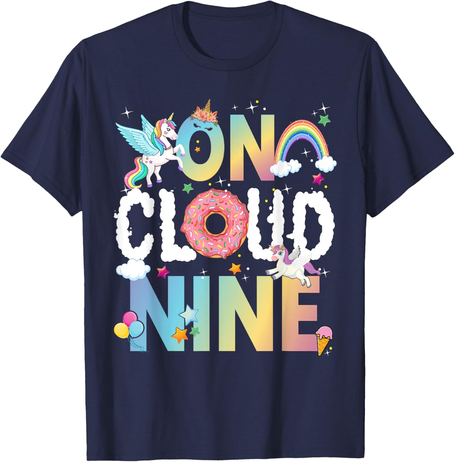 Retro On Cloud Nine Flower Happy 9th Birthday 9 Years Old T-Shirt - T-Shirt | Navy